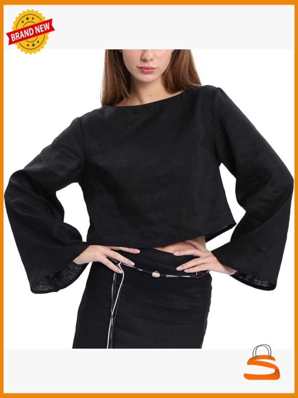 100% Linen Long Sleeve Crop Top High Boat Neck Casual Blouse